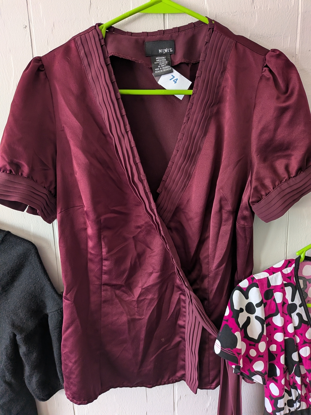 Mixit Wine Satin Pintuck Wrap Blouse